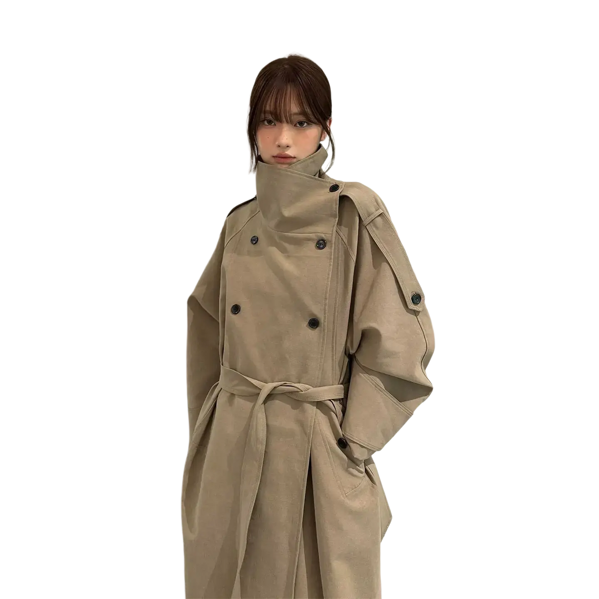 Beige belted trench coat for women featuring a belted waist and dark buttons in classic suede material