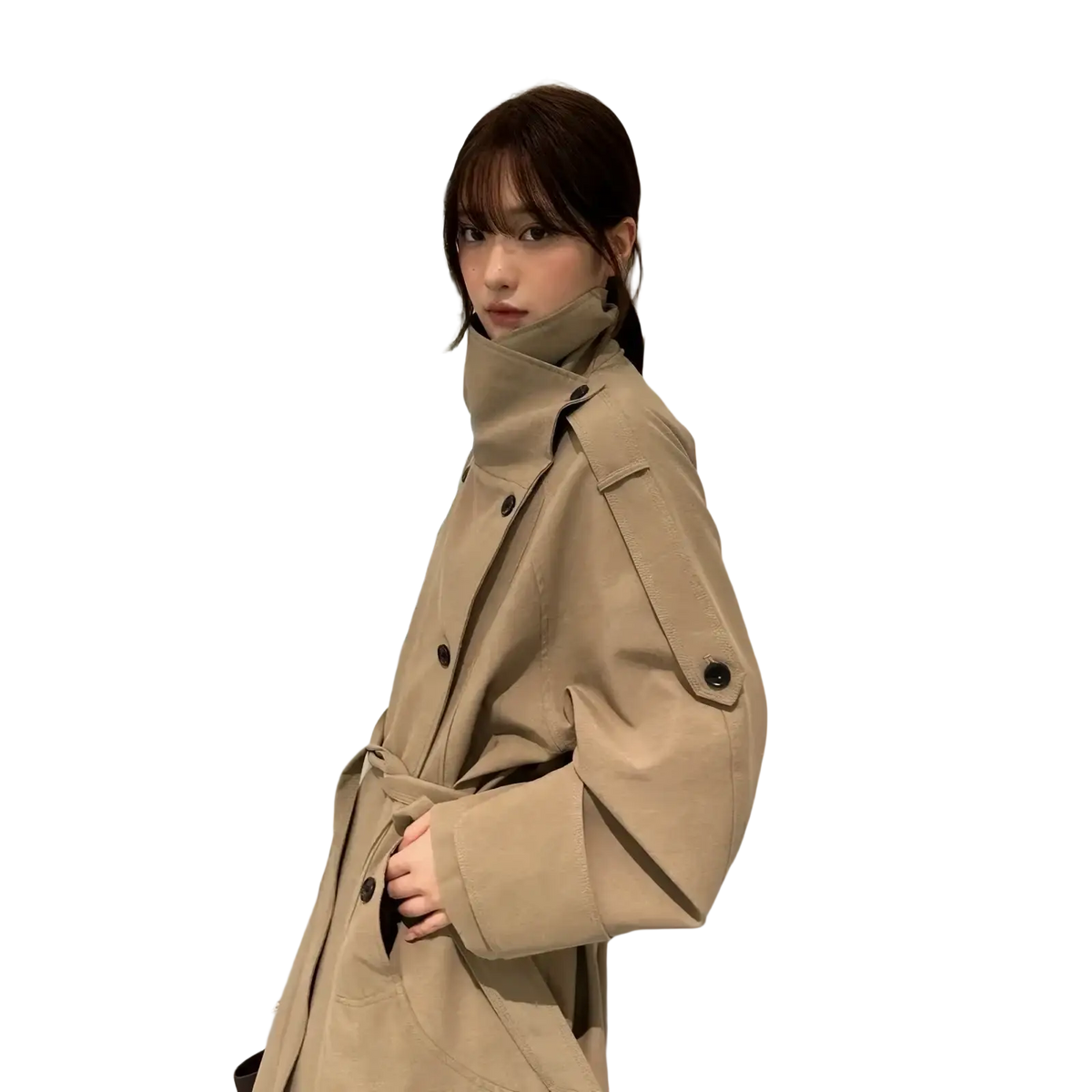 Beige belted trench coat for women with high collar and black buttons made from lightweight fabric