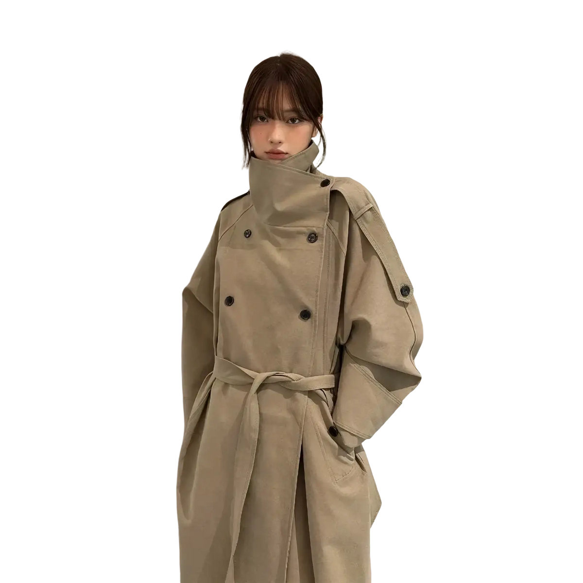 Beige belted trench coat for women featuring dark buttons and a belted waist for a tailored fit