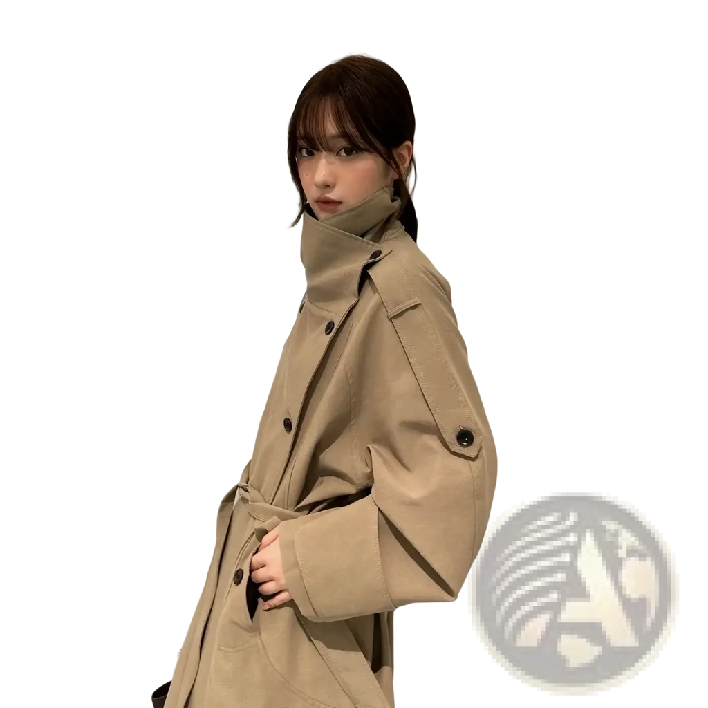 Beige belted trench coat for women with high collar and black buttons made from lightweight fabric