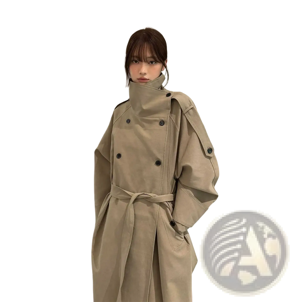 Beige belted trench coat for women featuring a belted waist and dark buttons in classic suede material