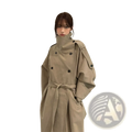 Beige belted trench coat for women featuring a belted waist and dark buttons in classic suede material
