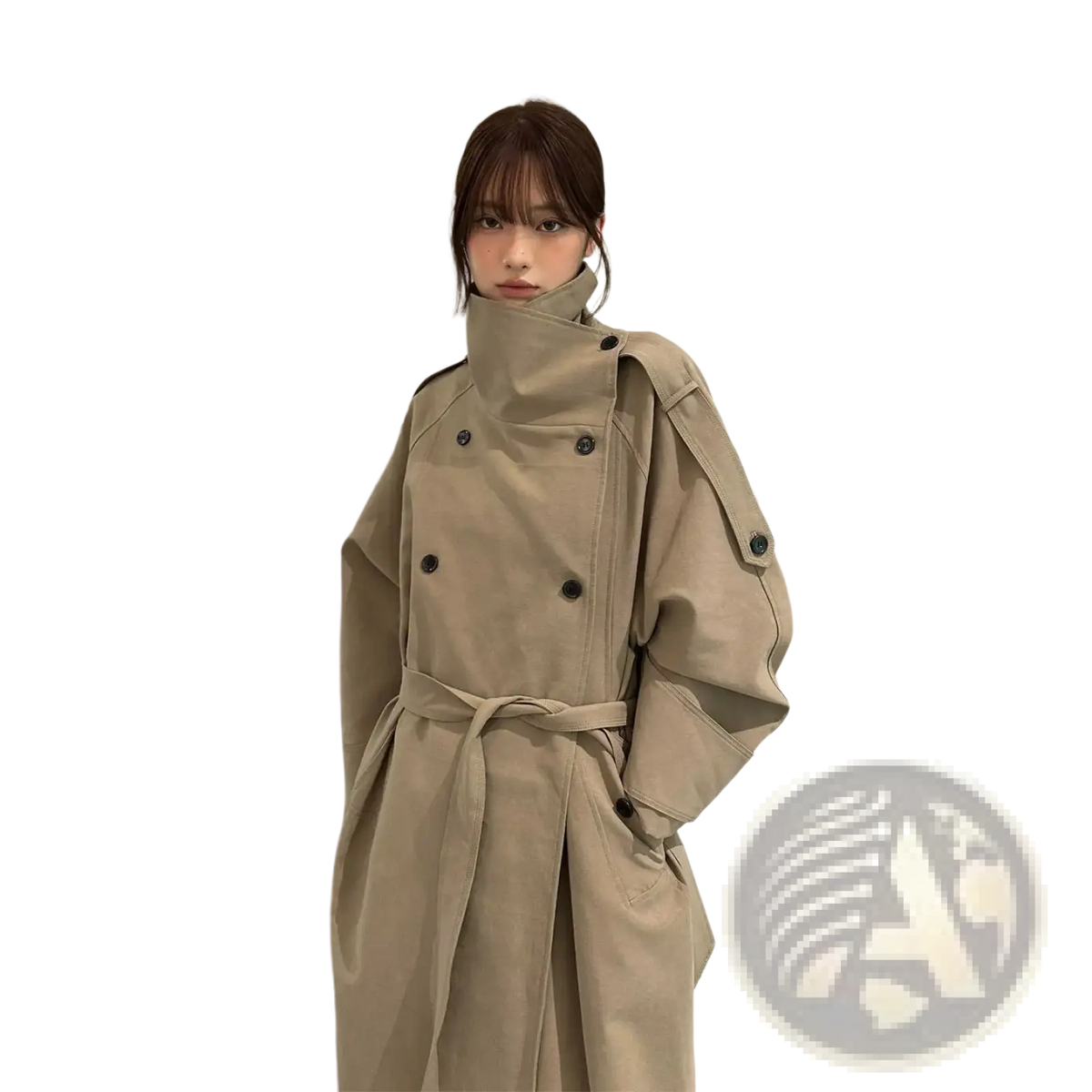 Beige belted trench coat for women featuring a belted waist and dark buttons in classic suede material