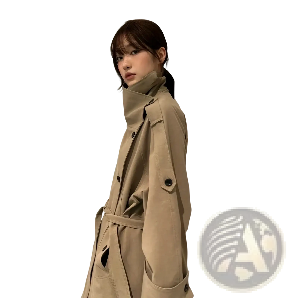 Beige belted trench coat for women featuring a belted waist and dark buttons in a classic design