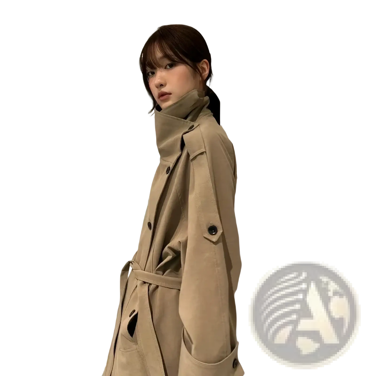 Beige belted trench coat for women featuring a belted waist and dark buttons in a classic design