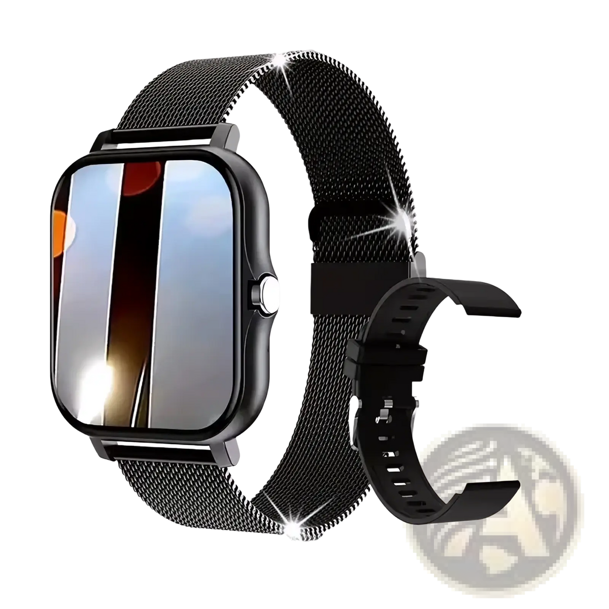 Beige Bluetooth smartwatch with black mesh watch band featuring sleek modern design and metallic finish for fitness tracking