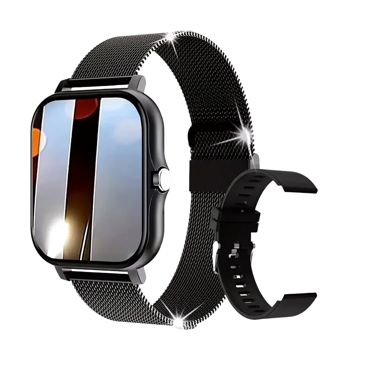Beige Bluetooth smartwatch with black mesh watch band featuring sleek modern design and metallic finish for fitness tracking