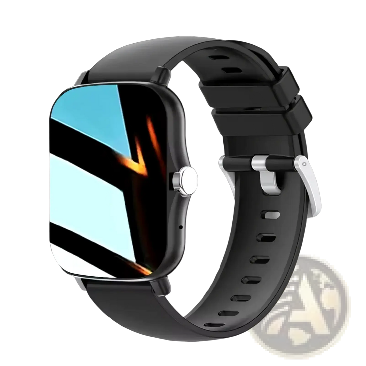 Beige bluetooth smartwatch with fitness and sleep tracking featuring a black rounded screen and silver-toned hardware