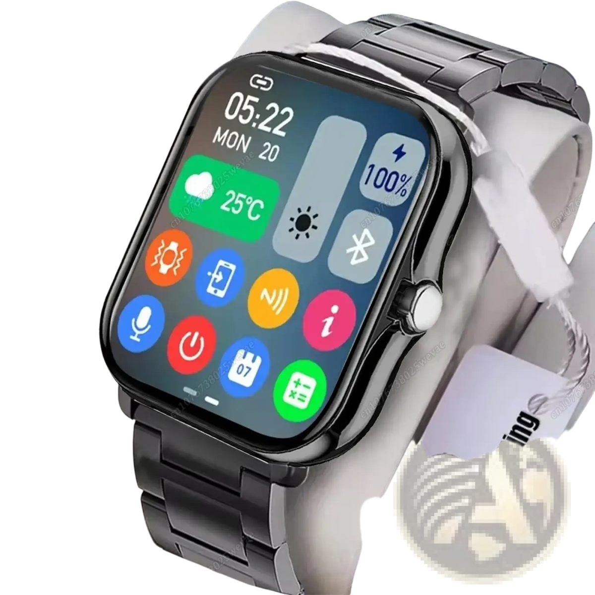 Black stainless steel smartwatch with rectangular screen showing colorful app icons and digital clock for fitness tracking