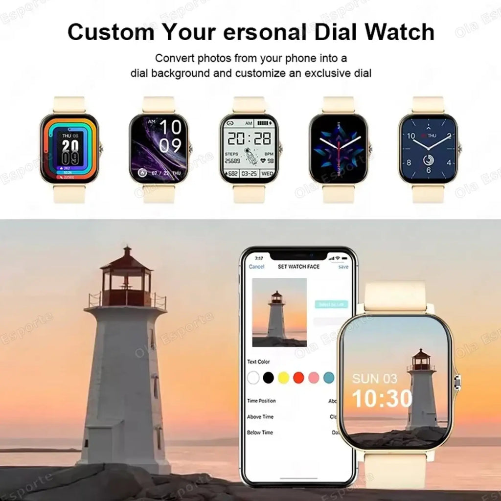 Beige bluetooth smartwatch with fitness and sleep tracking featuring a rectangular screen and customizable cream strap dial