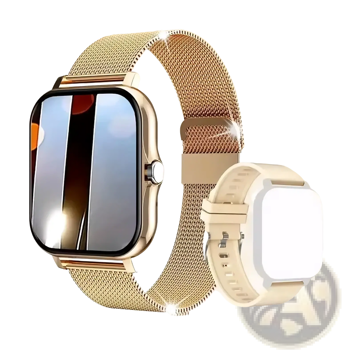 Beige Bluetooth smartwatch with gold mesh band, gold-tone case, bezel, and off-white silicone interchangeable strap