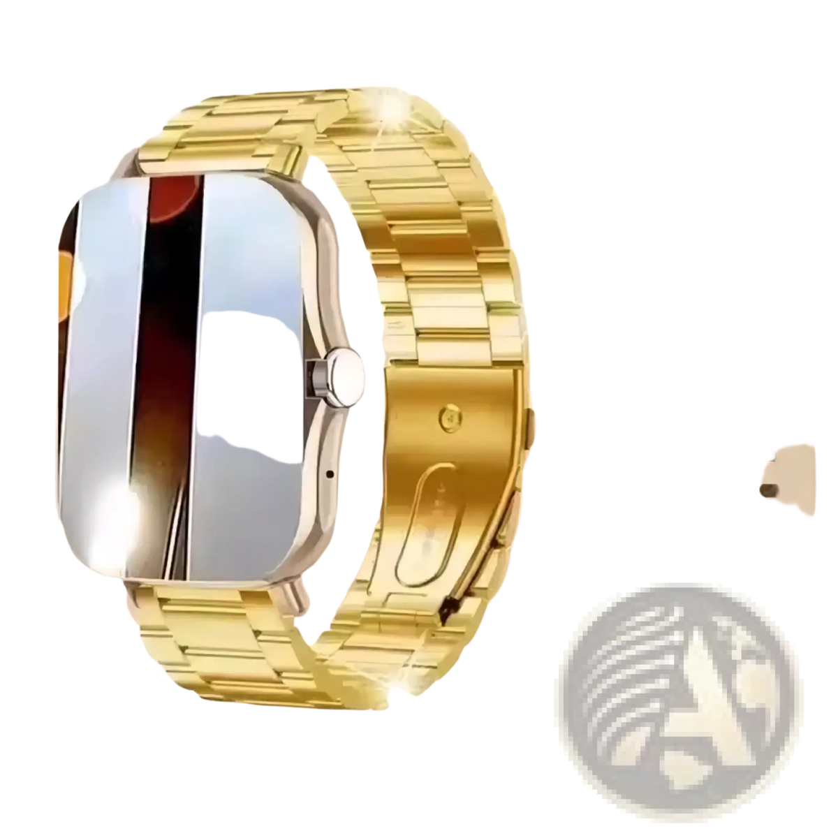 Beige bluetooth smartwatch with fitness and sleep tracking featuring a gold-tone stainless steel link watch band