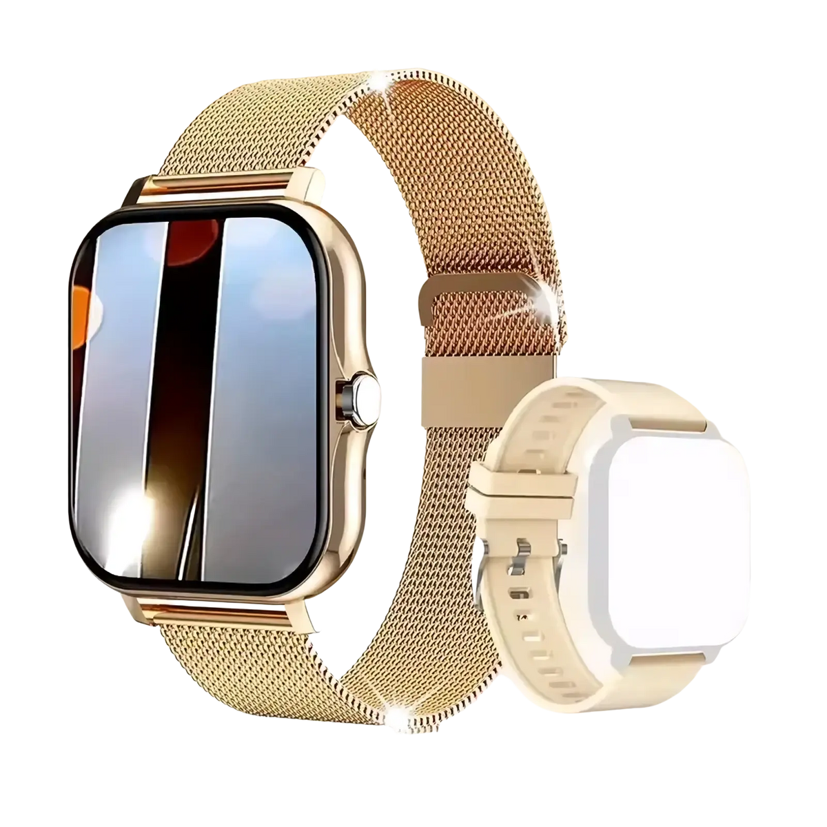 Beige Bluetooth smartwatch with gold mesh band, gold-tone case, bezel, and off-white silicone interchangeable strap