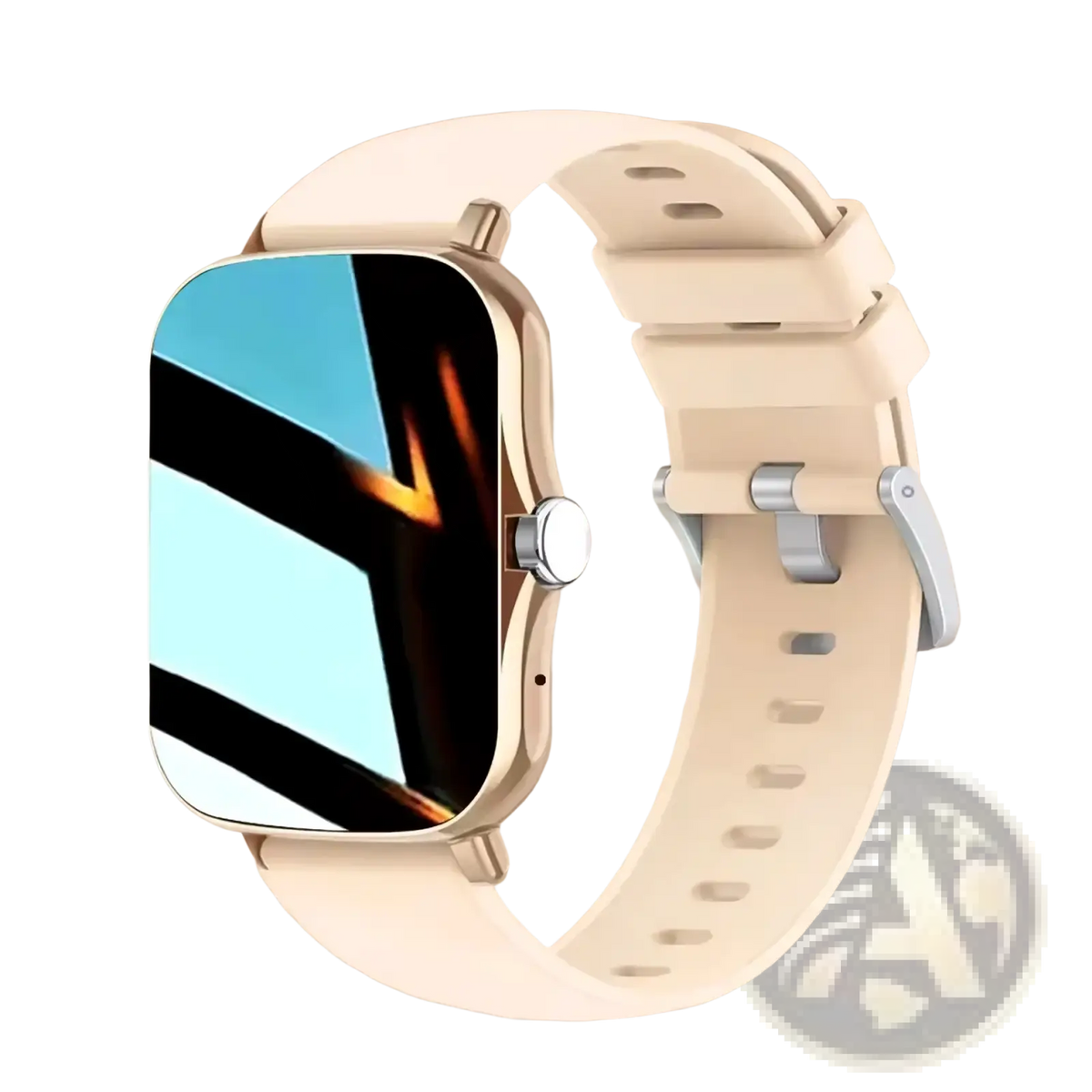Beige bluetooth smartwatch with silicone strap and gold-tone frame displaying abstract graphics for fitness tracking