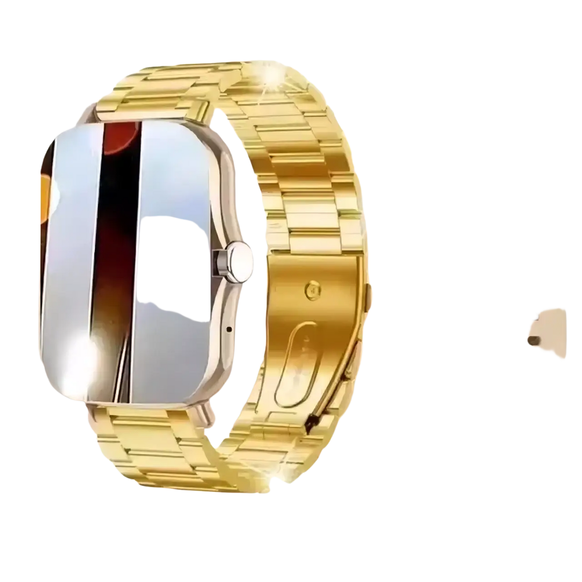 Beige bluetooth smartwatch with fitness and sleep tracking featuring a gold-tone stainless steel link watch band