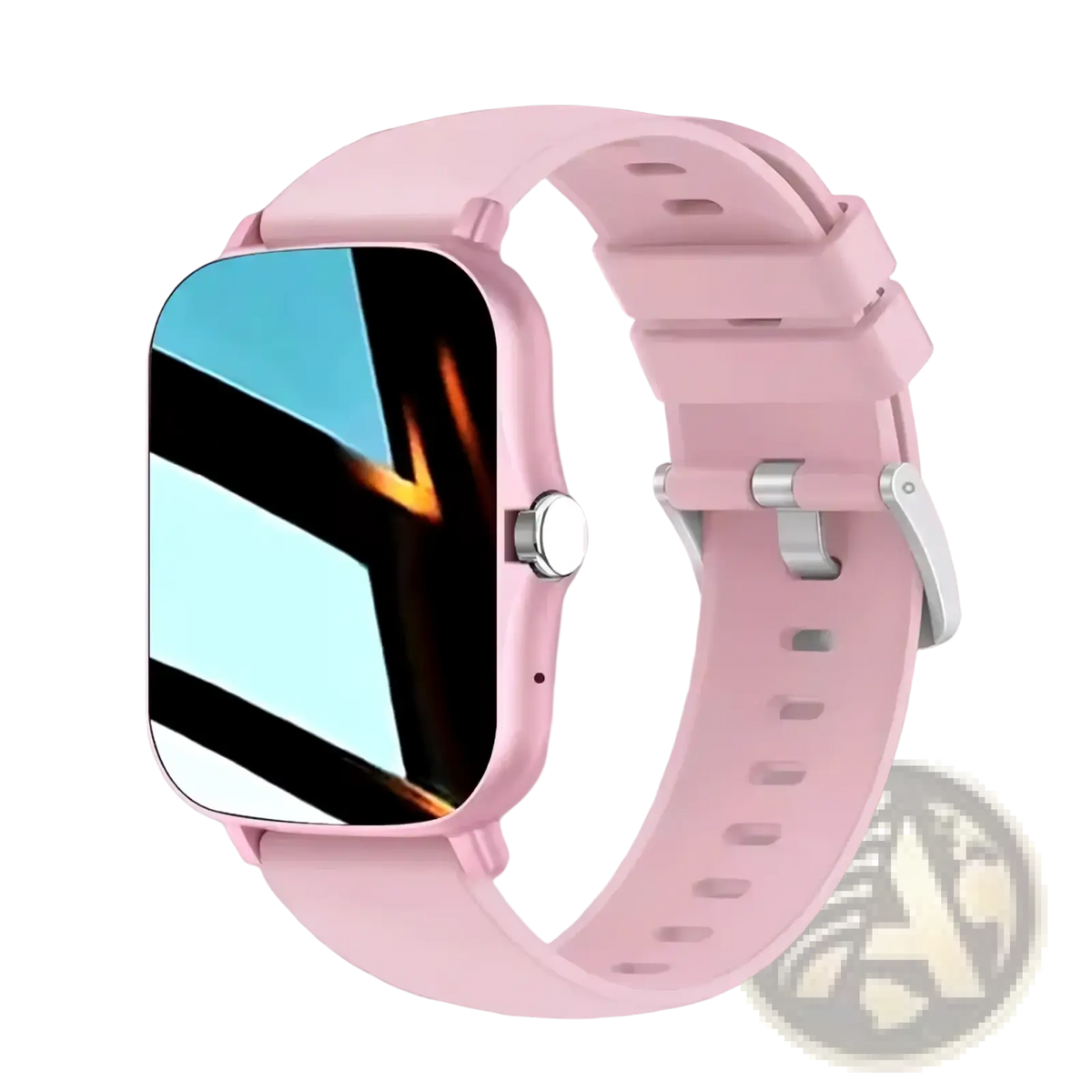 Pink silicone smartwatch with rectangular screen and silver-tone buckle designed for fitness and sleep tracking