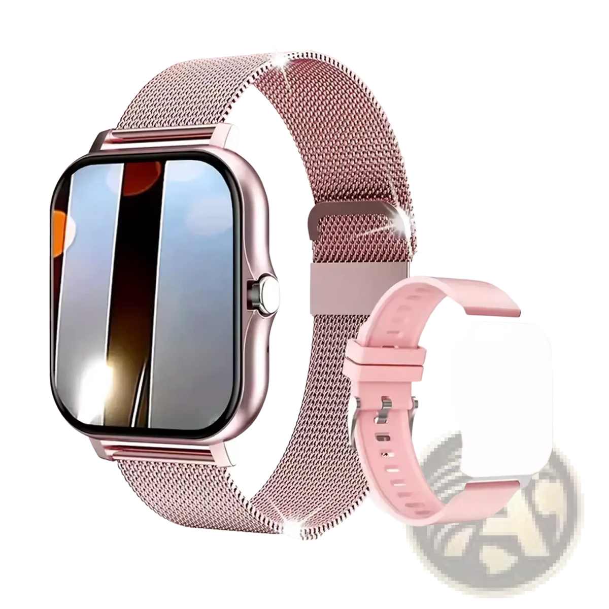 Rose gold mesh watch band with matching smartwatch face and pink silicone strap for beige bluetooth smartwatch with fitness tracking