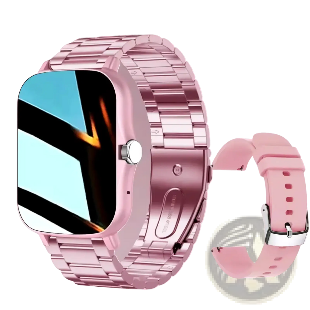 Rose gold metallic smartwatch with fitness and sleep tracking features includes metal link band and pink silicone strap