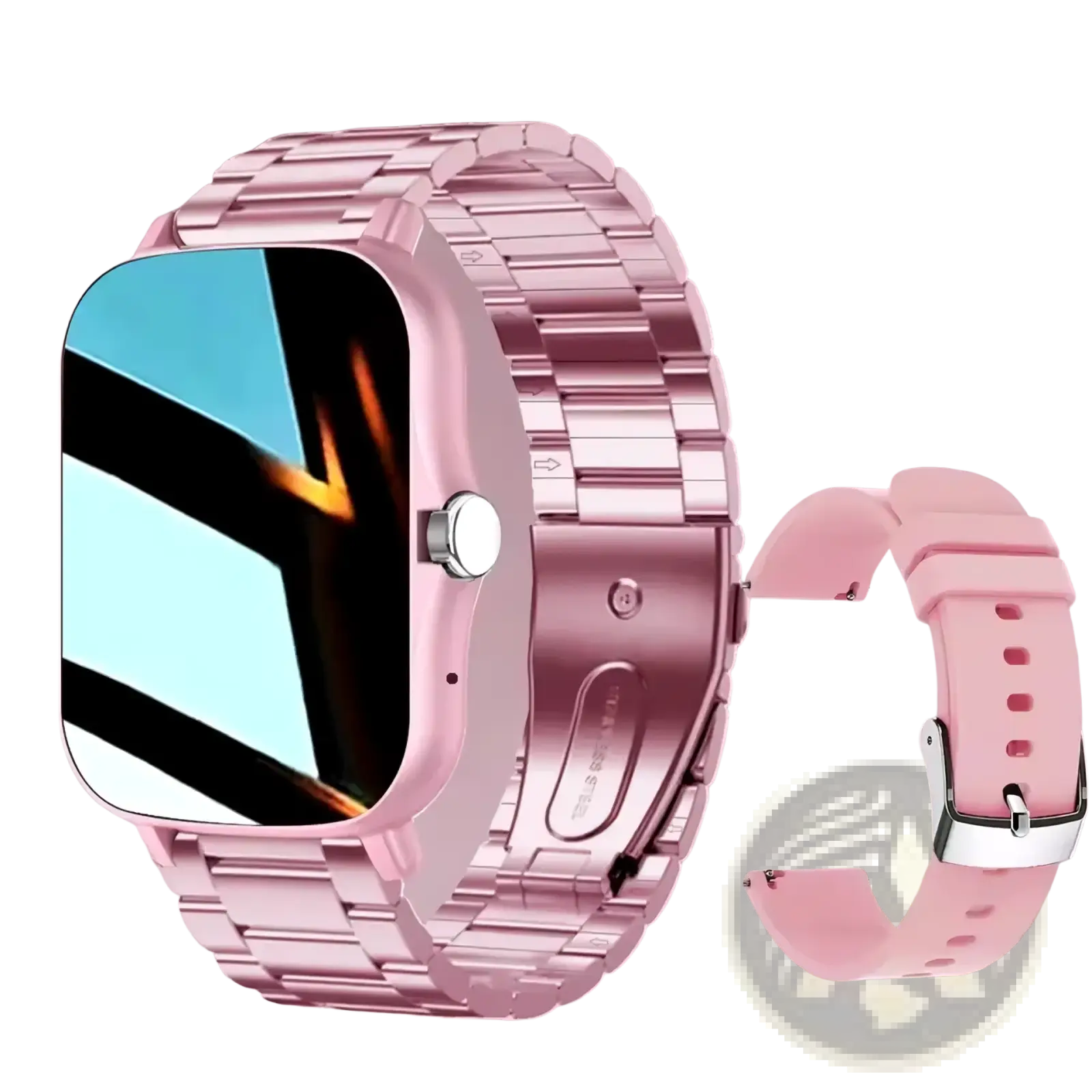 Rose gold metallic smartwatch with fitness and sleep tracking features includes metal link band and pink silicone strap