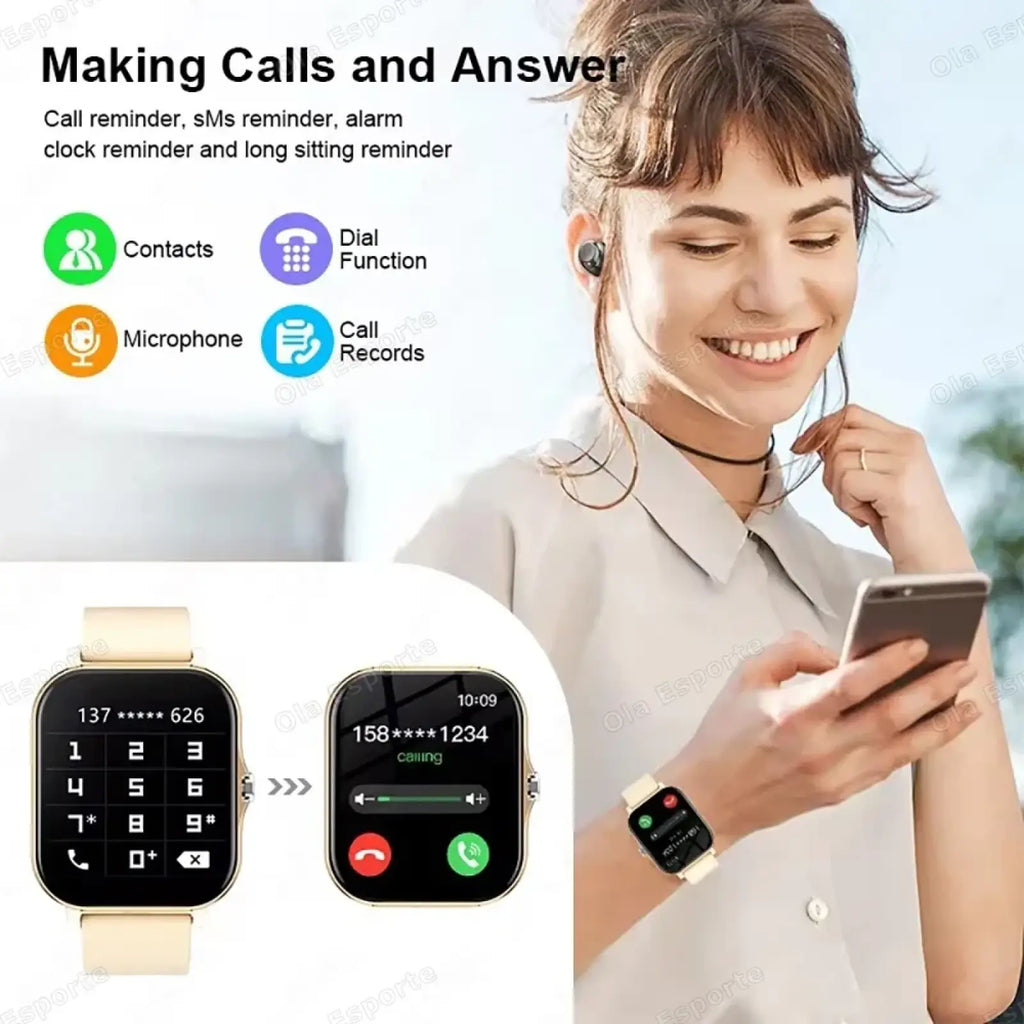 Beige bluetooth smartwatch with rectangular digital display and matching strap for fitness and sleep tracking