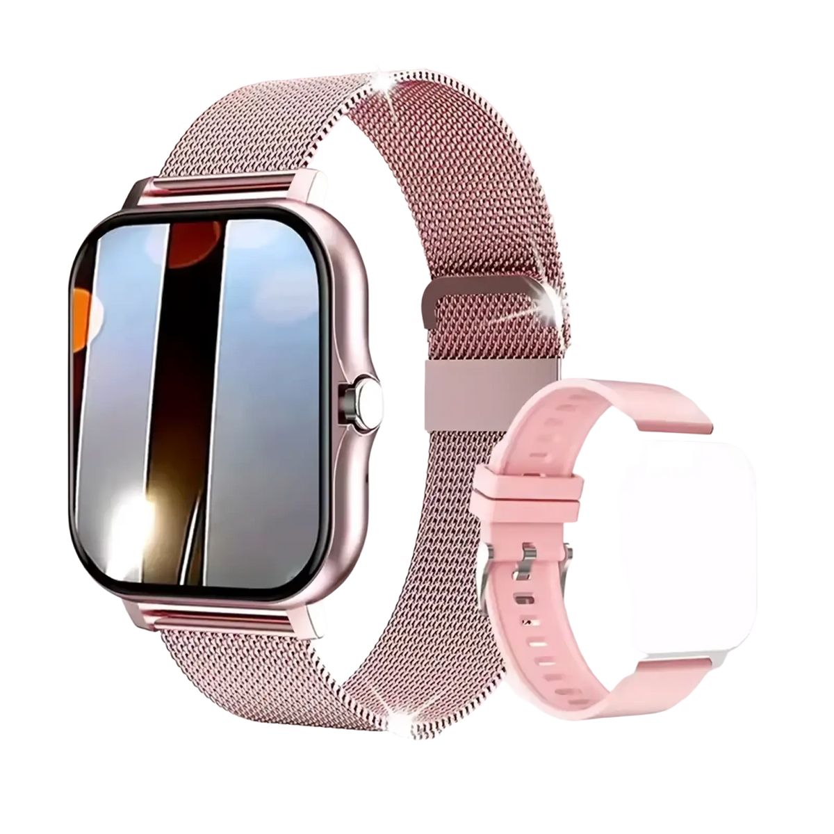 Rose gold mesh watch band with matching smartwatch face and pink silicone strap for beige bluetooth smartwatch with fitness tracking