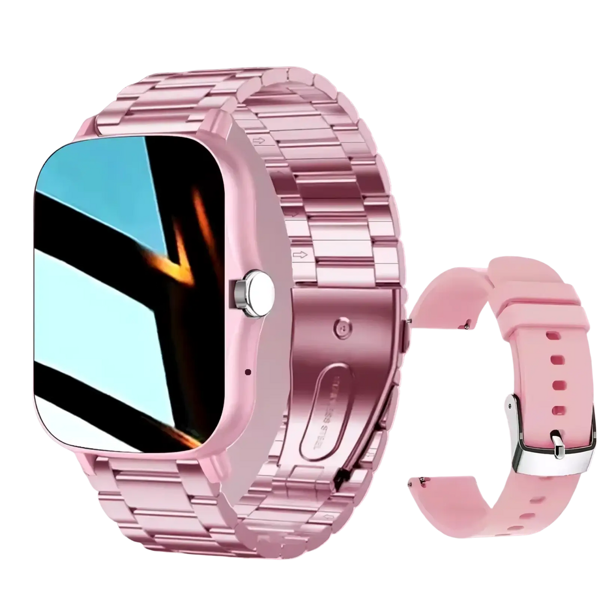 Rose gold metallic smartwatch with fitness and sleep tracking features includes metal link band and pink silicone strap