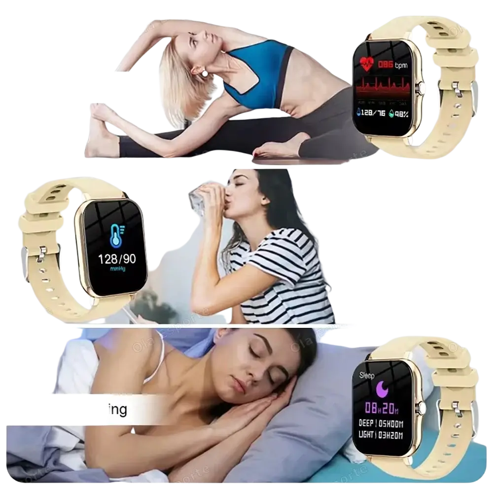 Beige bluetooth smartwatch with fitness and sleep tracking featuring a gold-tone frame and rectangular digital display