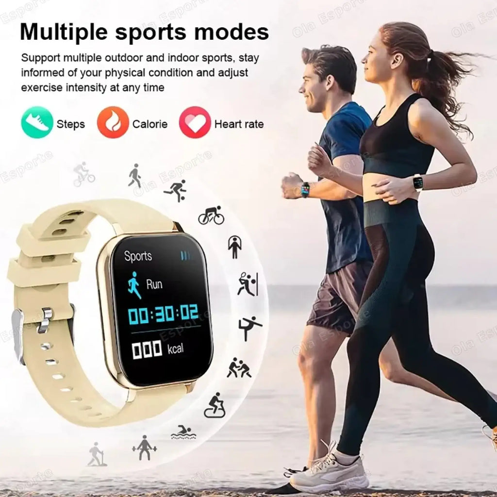 Beige bluetooth smartwatch with silicone strap and black rectangular screen displaying running metrics for fitness tracking
