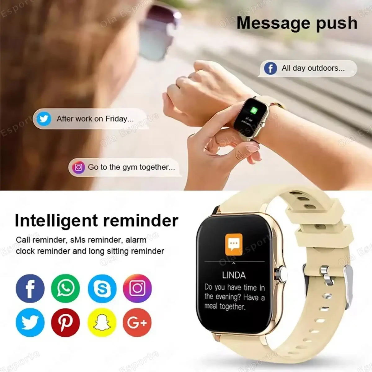 Beige bluetooth smartwatch with fitness and sleep tracking featuring a black rectangular screen and silver-tone bezel