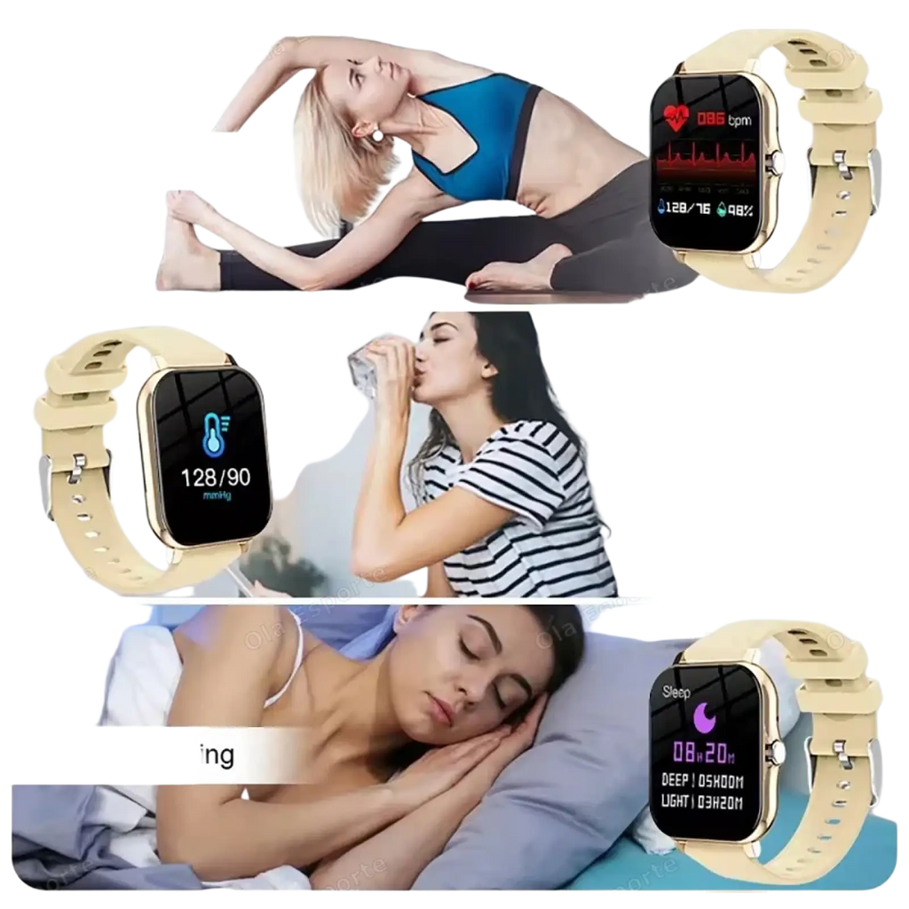 Beige bluetooth smartwatch with fitness and sleep tracking featuring a gold-tone frame and rectangular digital display