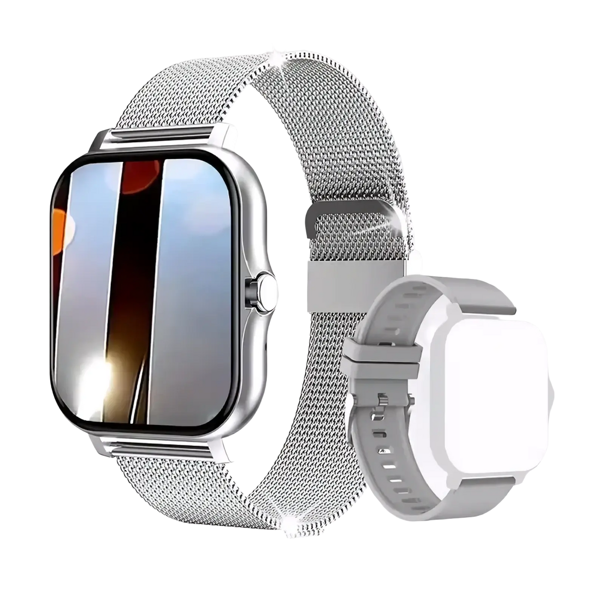 Beige bluetooth smartwatch with fitness and sleep tracking featuring a silver mesh band and a light gray silicone strap