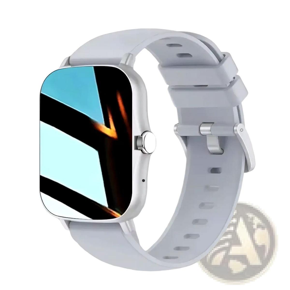 Beige bluetooth smartwatch with a sleek white rectangular screen displaying blue and black geometric patterns with fitness and sleep tracking
