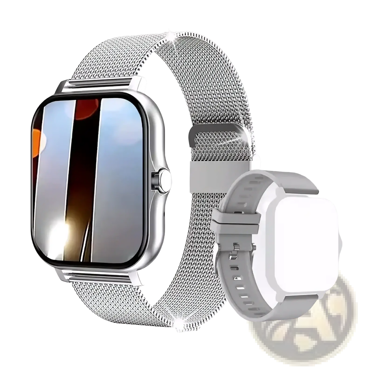 Beige bluetooth smartwatch with fitness and sleep tracking featuring a silver mesh band and a light gray silicone strap