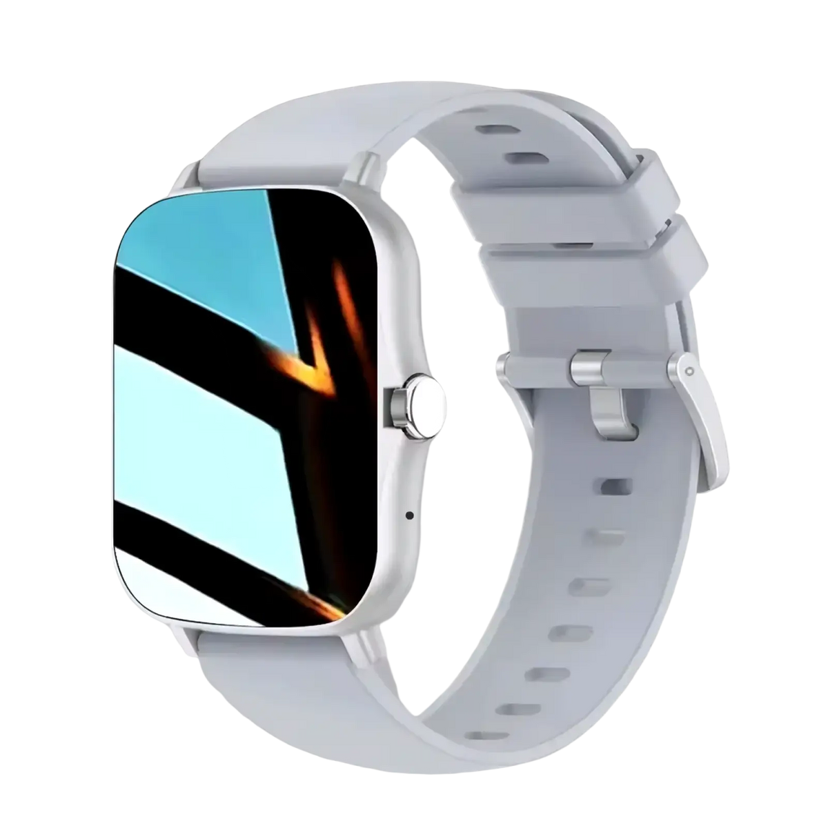 Beige bluetooth smartwatch with a sleek white rectangular screen displaying blue and black geometric patterns with fitness and sleep tracking