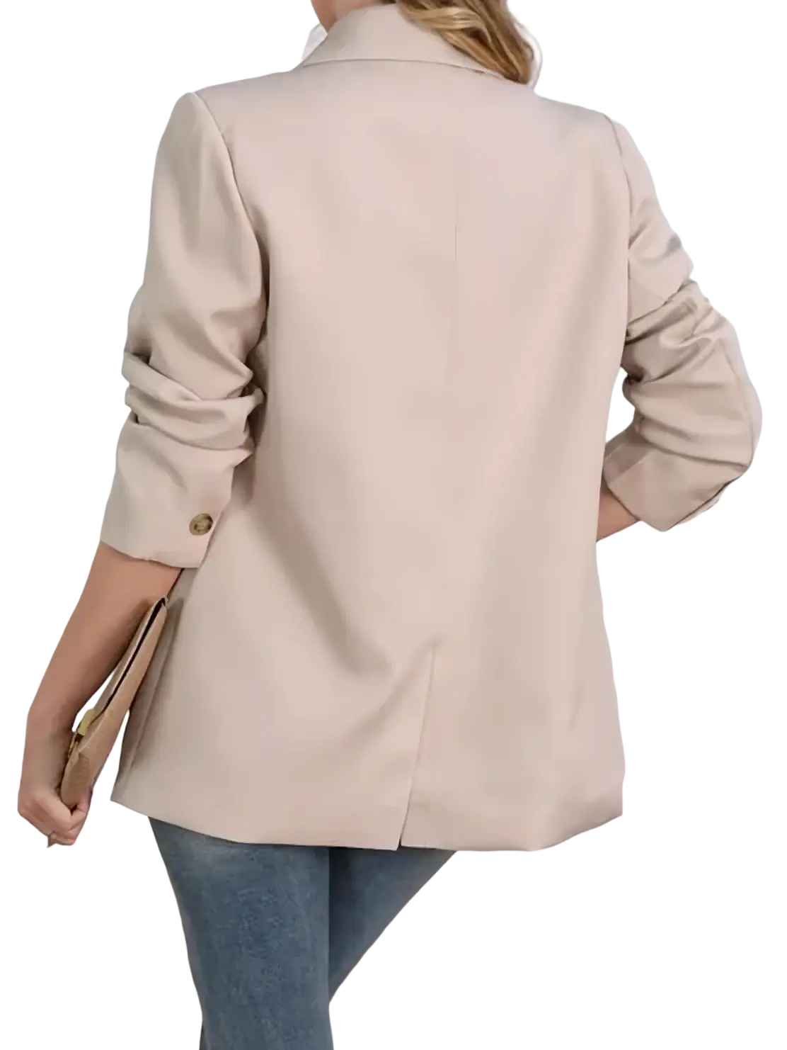 Beige casual drapey blazer jacket with rolled sleeves and gold buttons in a soft fabric for versatile wear