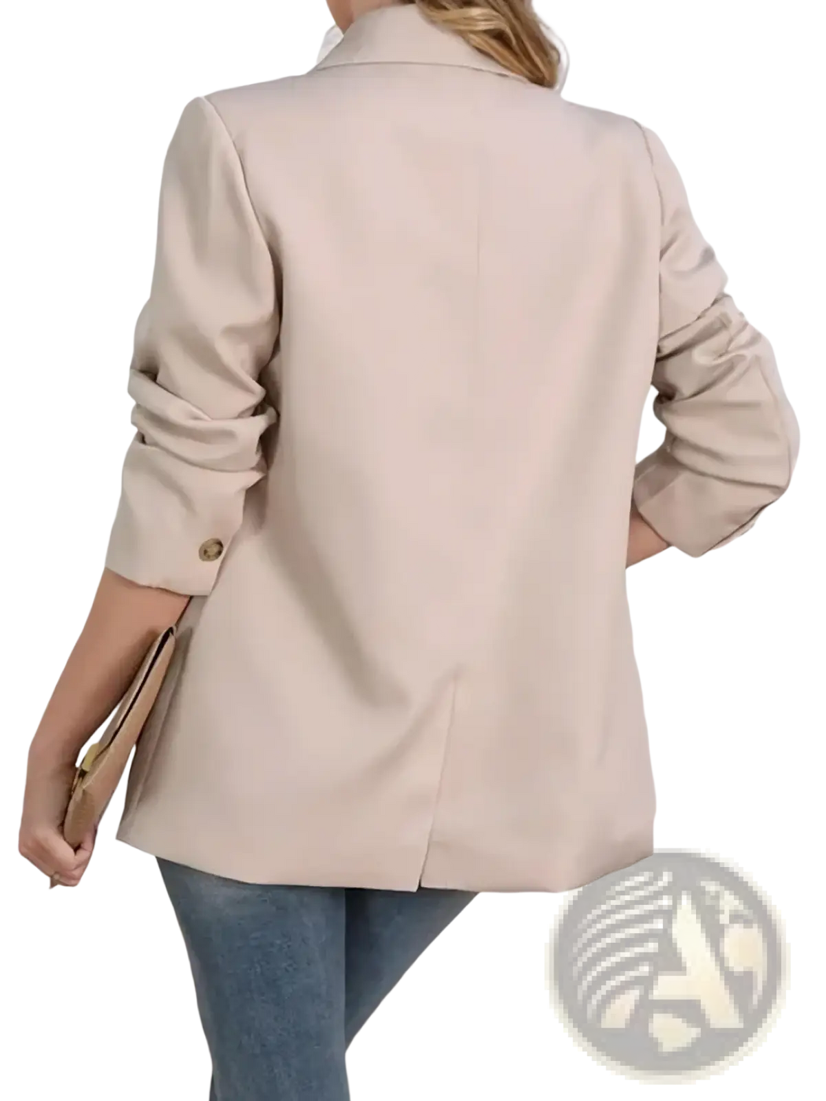 Beige casual drapey blazer jacket with rolled sleeves and gold buttons in a soft fabric for versatile wear