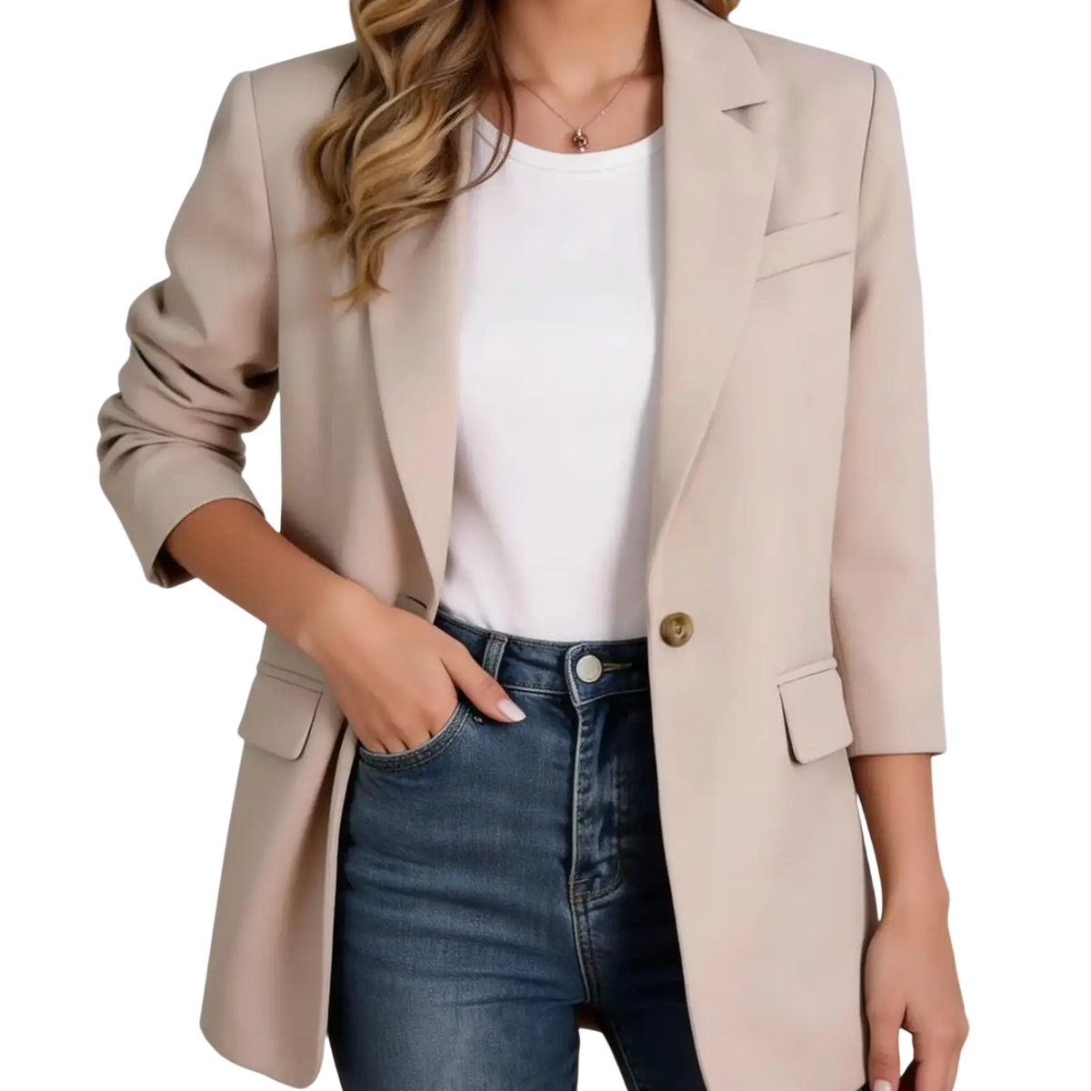 Beige casual drapey blazer jacket with single gold button and flap pockets in lightweight fabric for versatile wear