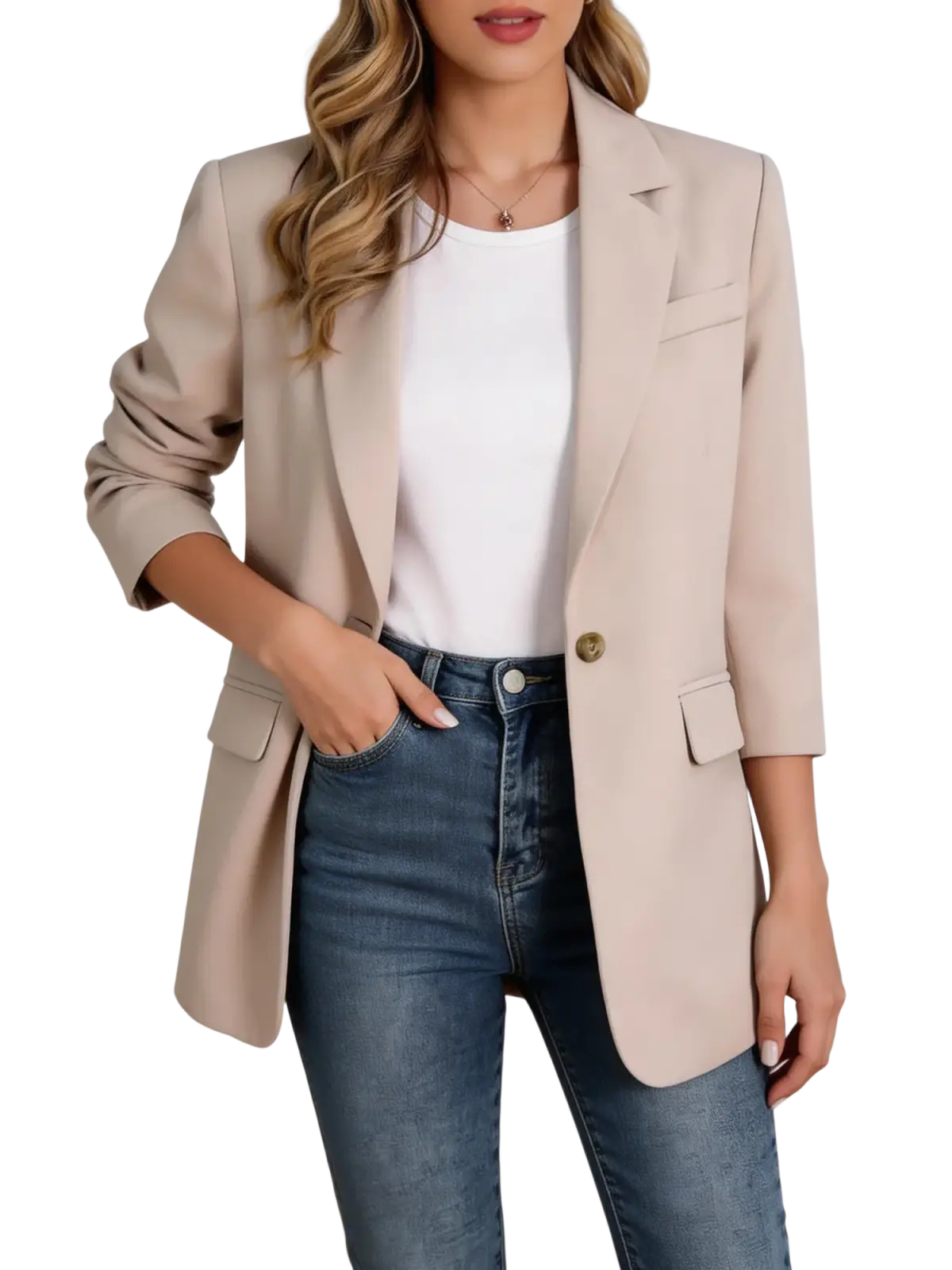 Beige casual drapey blazer jacket with structured shoulders and a single gold button closure