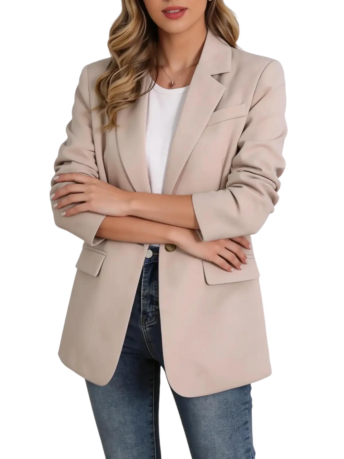 Beige casual drapey blazer jacket with a sleek tailored fit and classic notched lapels for versatile use