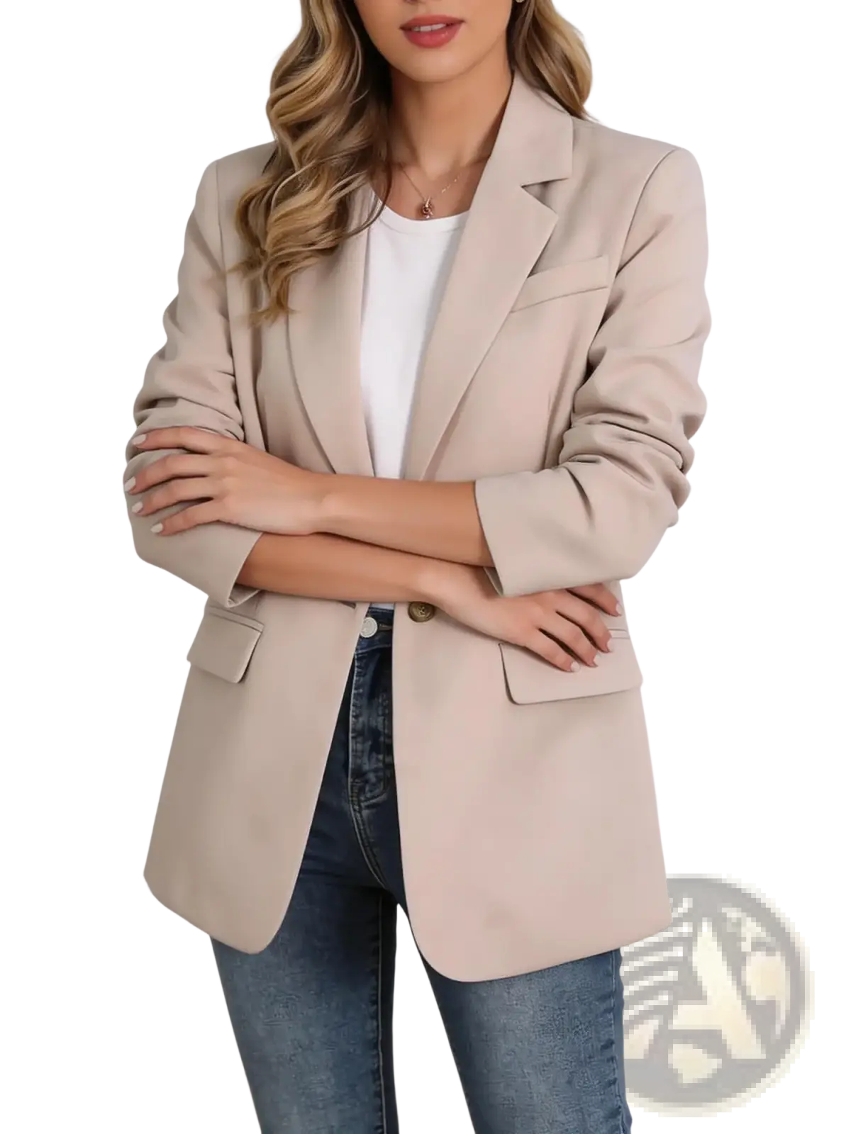 Beige casual drapey blazer jacket with a sleek tailored fit and classic notched lapels for versatile use