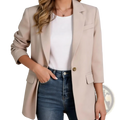Beige casual drapey blazer jacket with single gold button and flap pockets in lightweight fabric for versatile wear