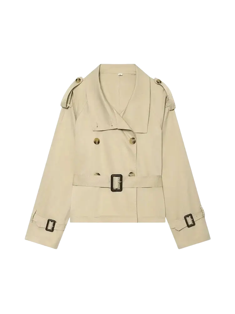 Beige double breasted trench coat with black belt buckle and matching sleeve cuffs in a classic design