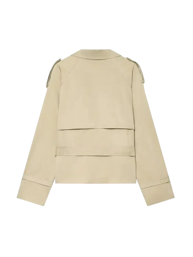 Beige double breasted belted trench coat with structured shoulders and horizontal belt accents in classic fabric