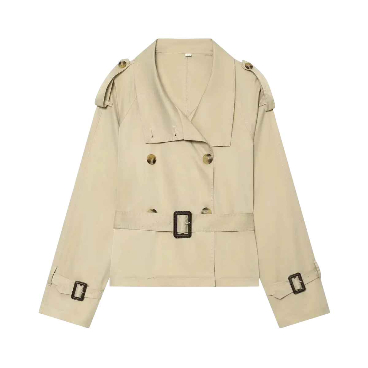 Beige double breasted belted trench coat with gold toned buttons and black buckle accents in classic design