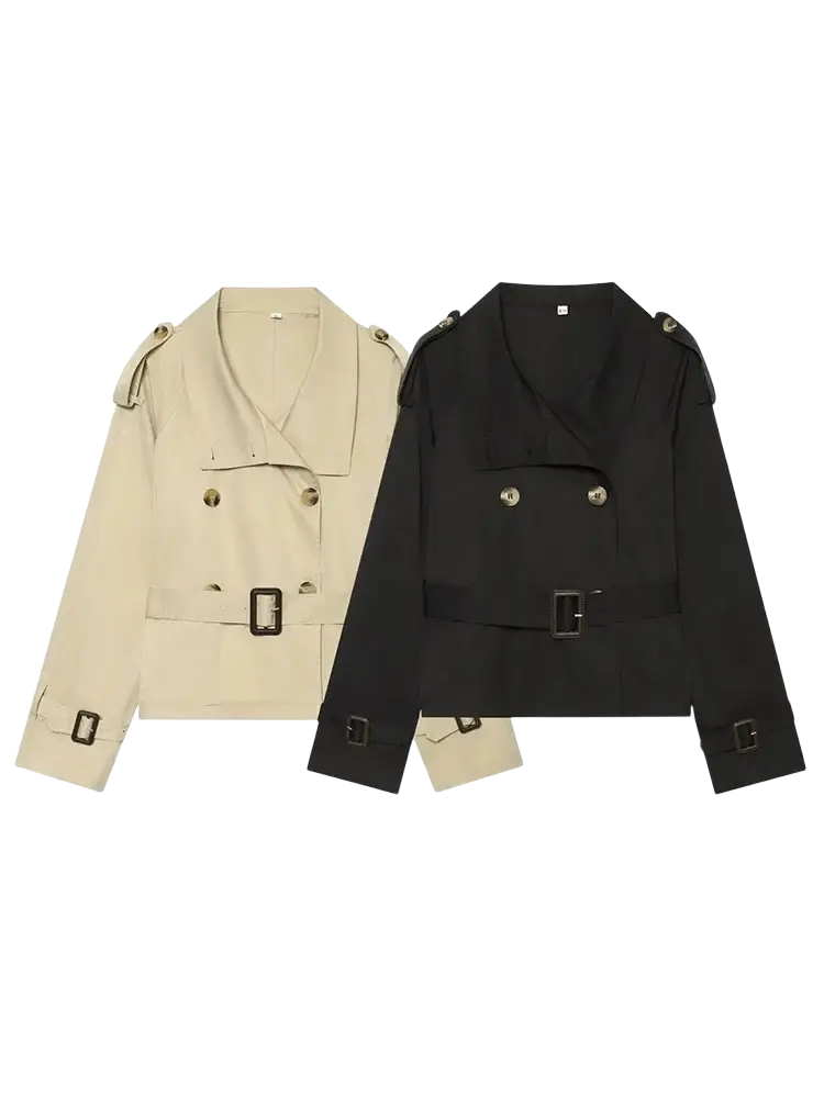 Beige and black double breasted belted trench coats with matching belt buckles ideal for stylish outerwear