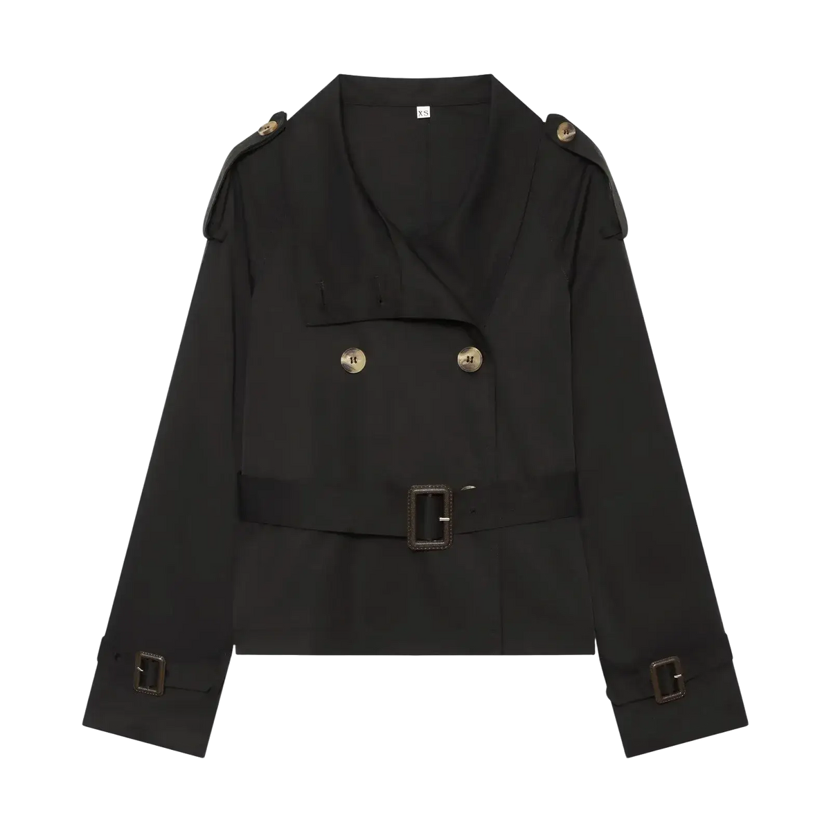 Black double breasted trench coat with gold toned buttons and matching belt contrasted with beige style title