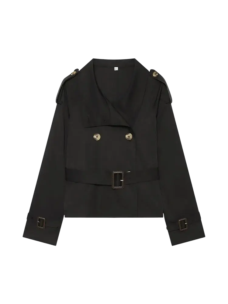 Black double-breasted trench coat with gold-toned buttons and matching belt shown from the front view