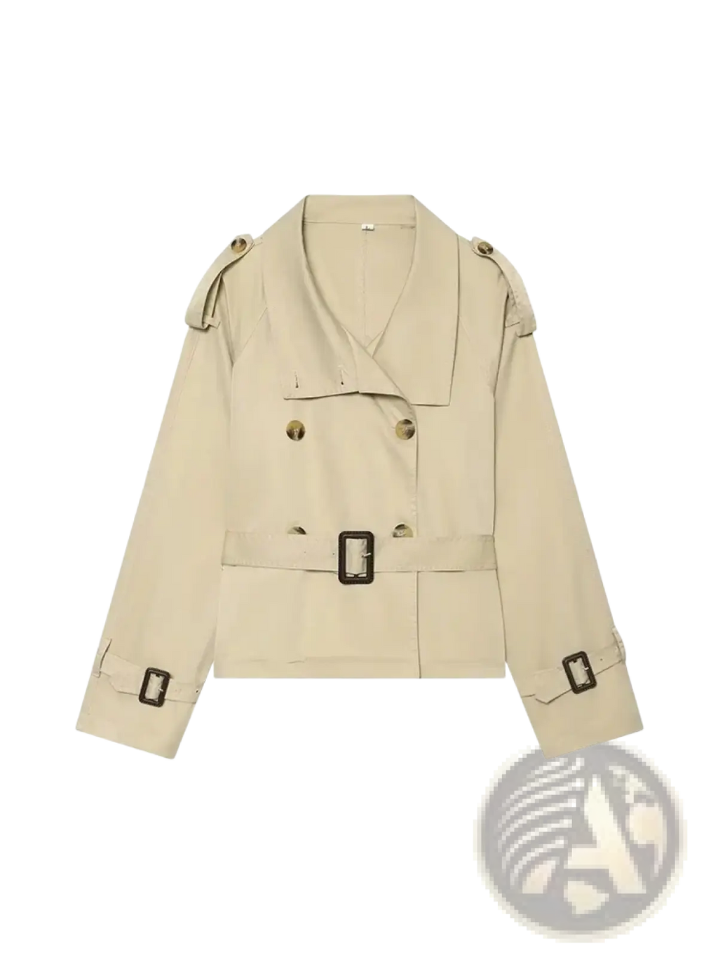 Beige double breasted trench coat with black belt buckle and matching sleeve cuffs in a classic design