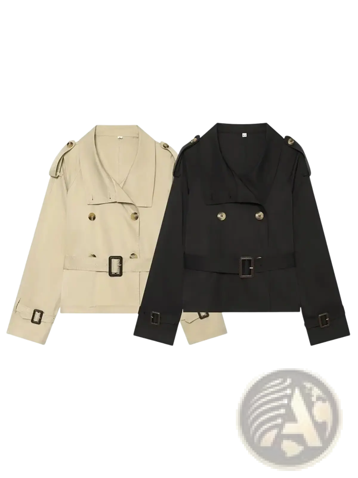 Beige and black double breasted belted trench coats with matching belt buckles ideal for stylish outerwear