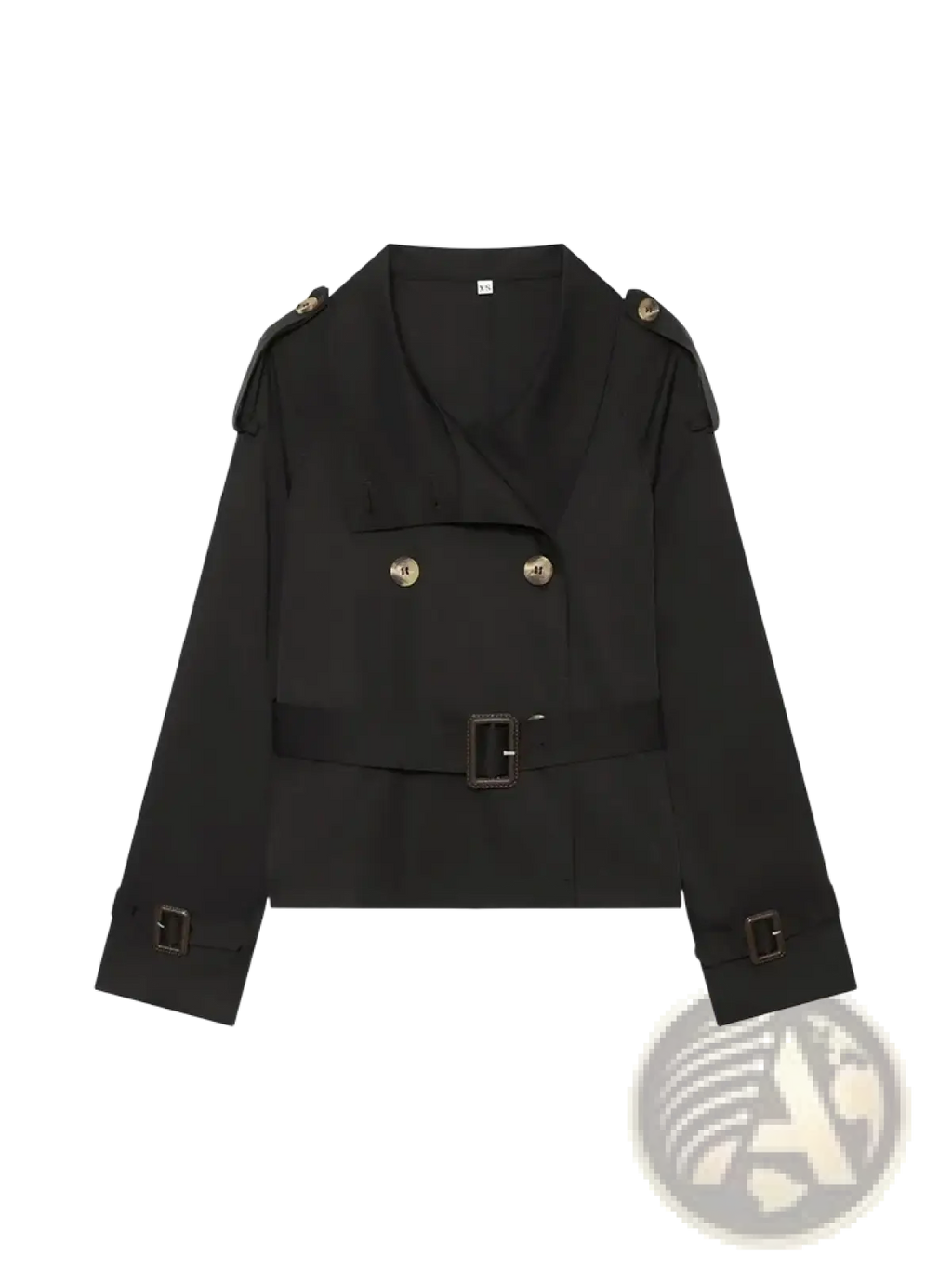 Black double-breasted trench coat with gold-toned buttons and matching belt shown from the front view